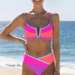 Colorblock Pink & Coral V-Notch Women's Bikini